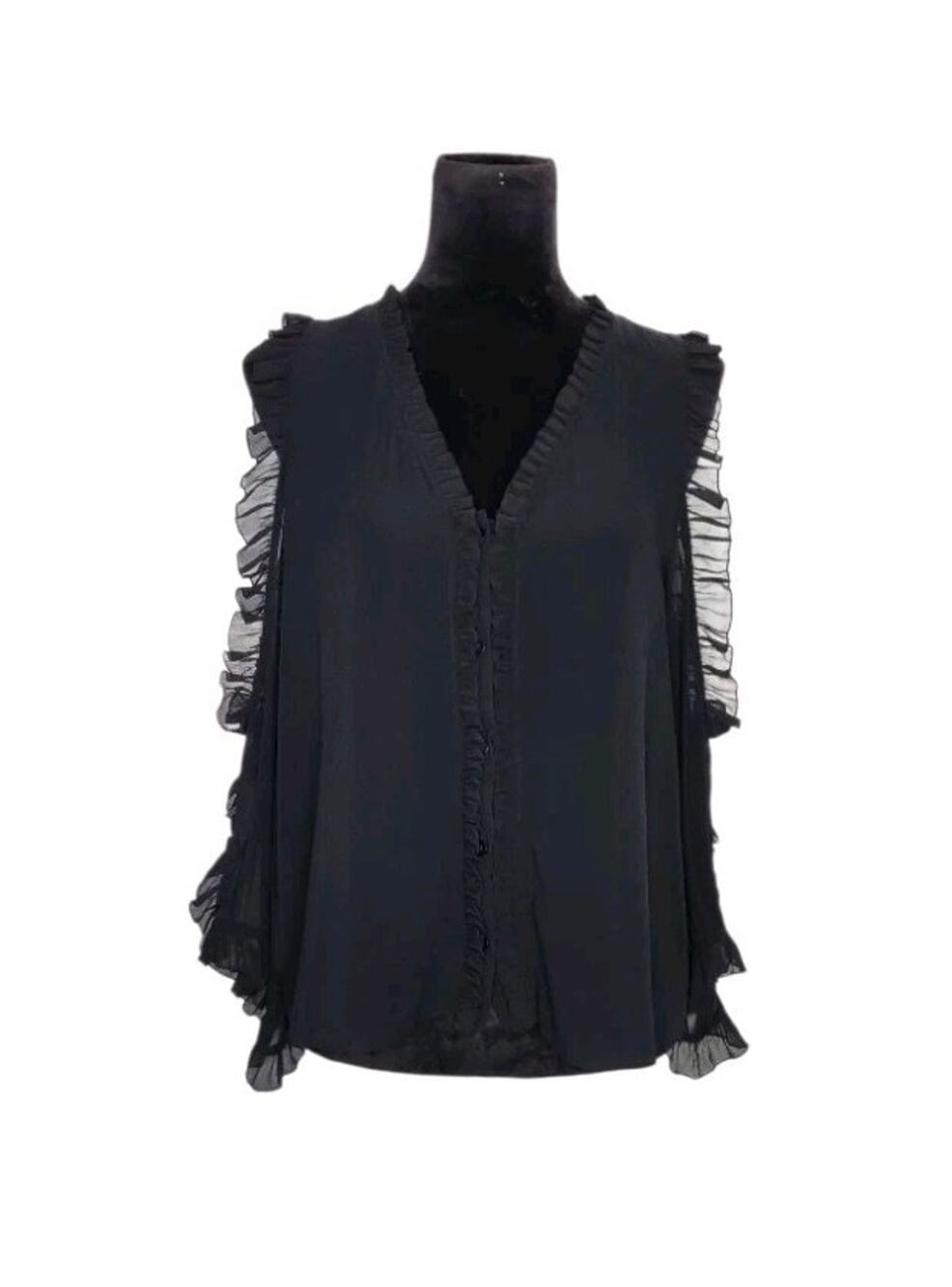 Alice + Olivia Cold Shoulder Ruffles Black Sheer Silk Button Up Blouse Size M